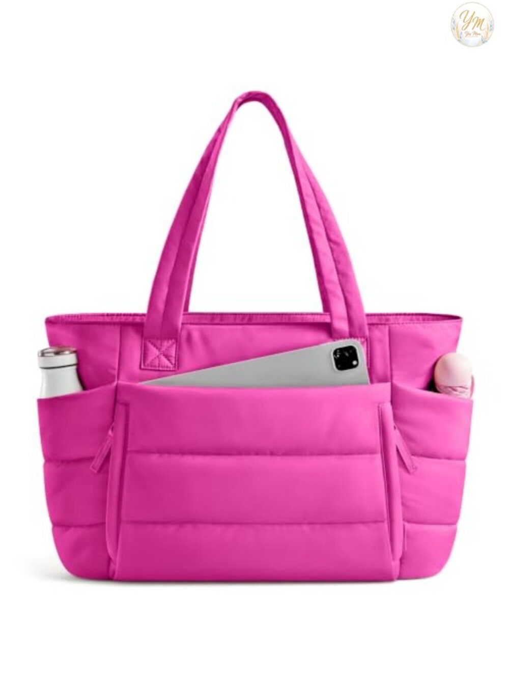 Quilted Puffer Tote Bag with Zipper, Lightweight Laptop Work Travel Bag